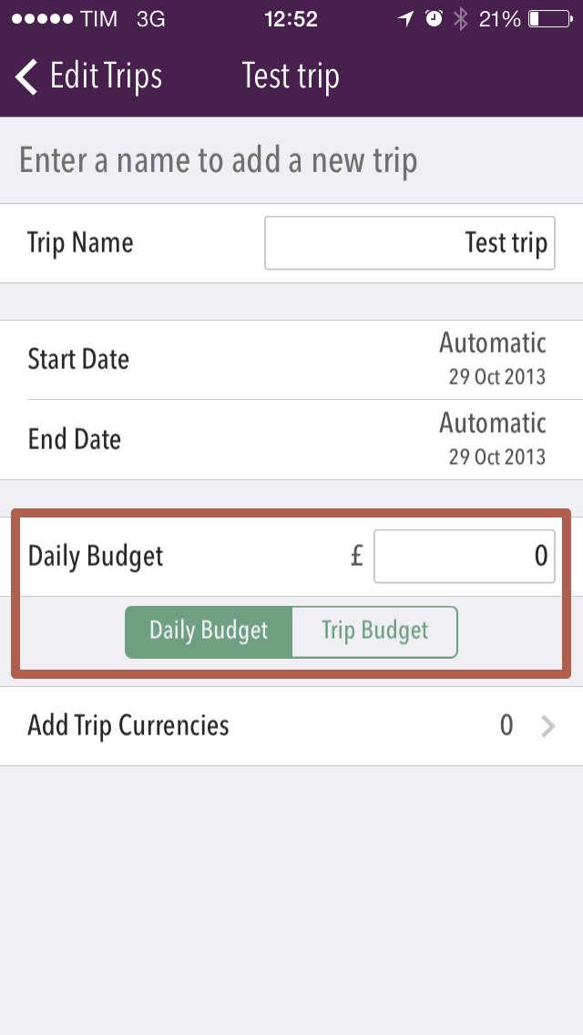 "Screenshot showing the area of the Add Trip screen where you can set your budget."