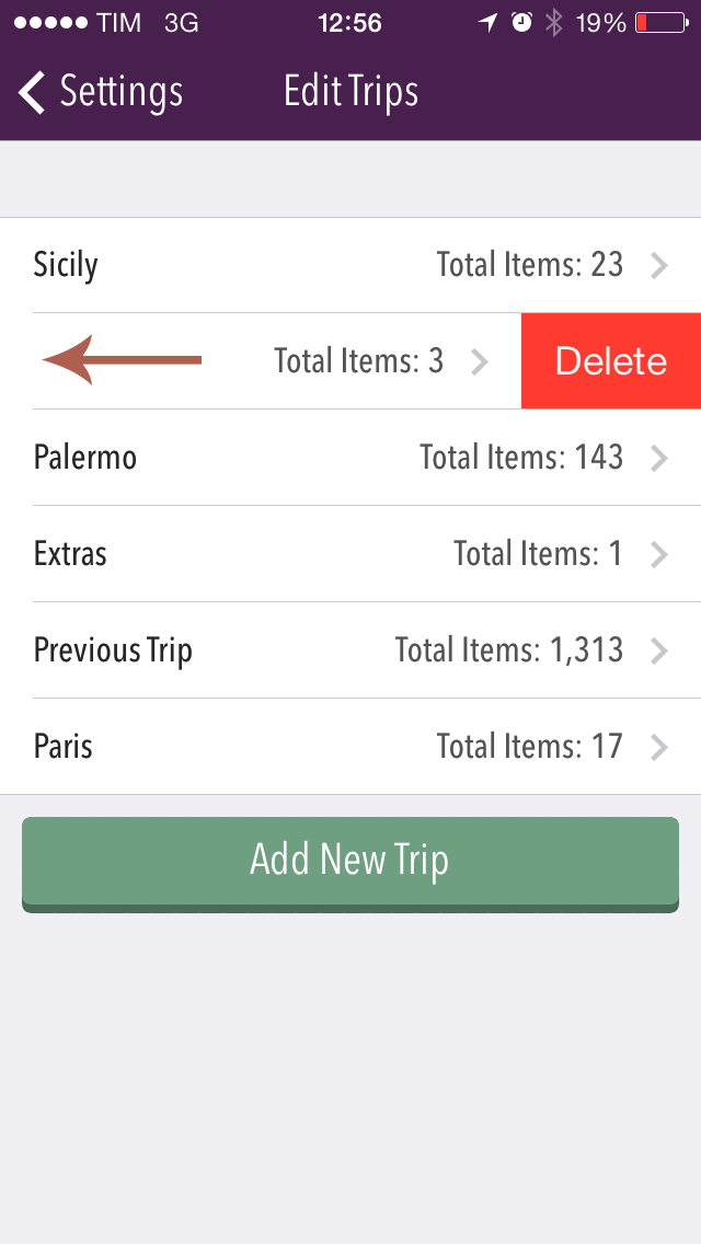 "Image showing the delete option of trips"