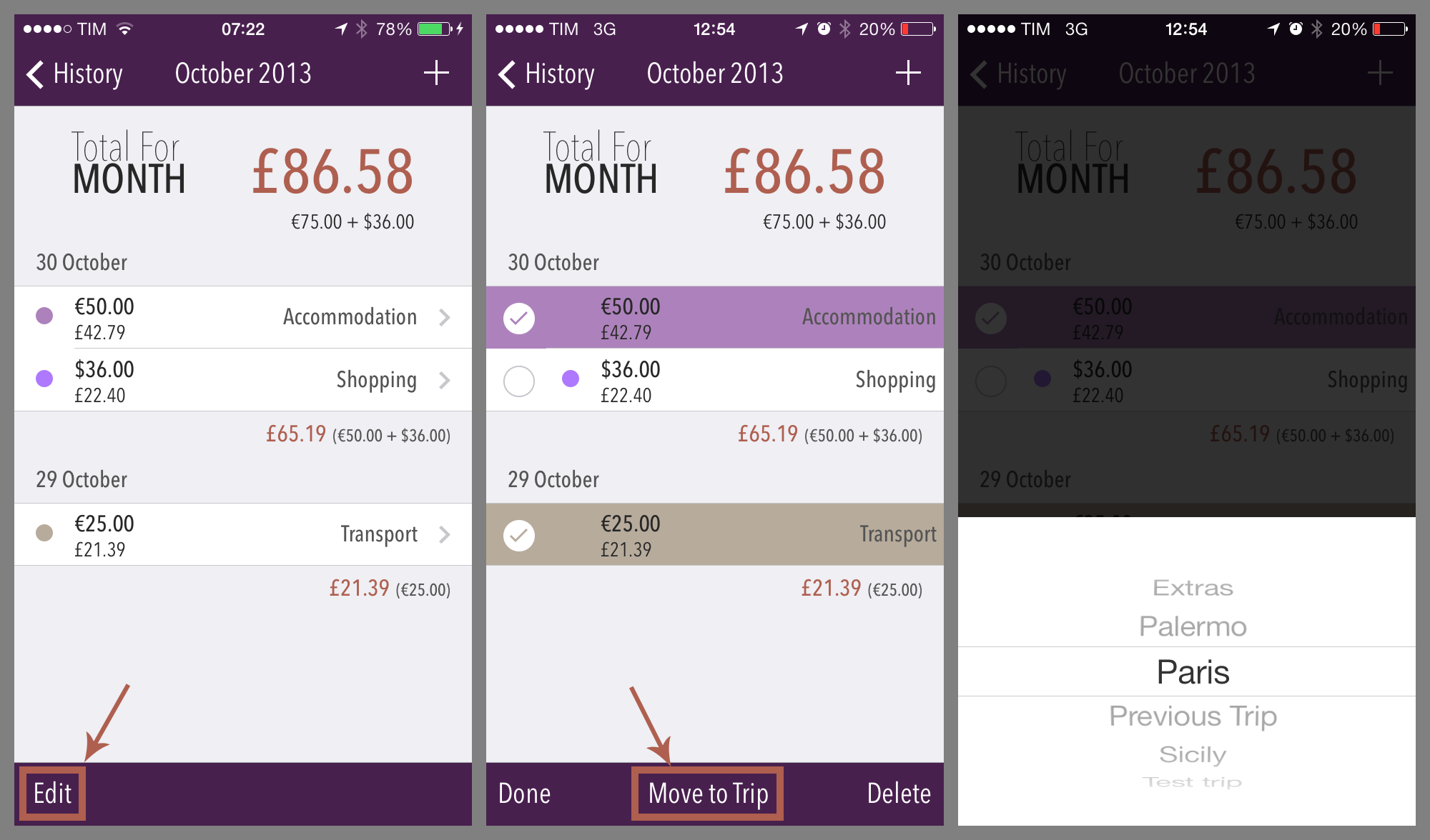 Image showing the three steps needed to move amounts to a new trip