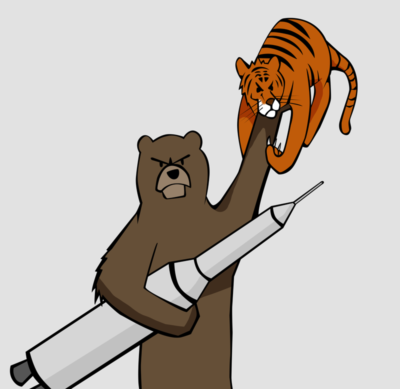 Illustration of a bear holding a missile and a tiger.